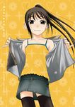 2006 and_and_and black_legwear brown_eyes camisole cowboy_shot dated denim denim_skirt high_ponytail jacket long_hair looking_at_viewer miniskirt off_shoulder open_clothes open_jacket original otakubeam pencil_skirt skirt smile solo thighhighs unmoving_pattern zettai_ryouiki 