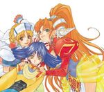  bent_over blonde_hair blue_hair brown_eyes earrings elena_(grandia) grandia grandia_ii green_eyes hand_on_shoulder high_ponytail jewelry jpeg_artifacts kanoe_youshi long_hair long_sleeves looking_at_viewer millenia_(grandia) multiple_girls official_art orange_hair ponytail puffy_sleeves smile surprised tio_(grandia) very_long_hair yellow_eyes 