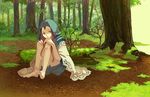  bare_legs barefoot blue_shorts brown_hair cloak day dorsiflexion eihi feet forest green_eyes hands_on_own_knees hood hood_up knees_up lace light_smile long_hair looking_at_viewer moss nature on_ground original plant scenery shorts sitting solo tree wood 