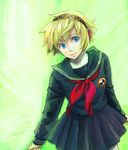  1girl aegis_(persona) android black_serafuku blonde_hair blue_eyes green_background koaki long_sleeves looking_at_viewer neckerchief persona persona_3 pleated_skirt school_uniform serafuku short_hair skirt smile solo 