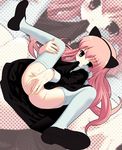  animal_ears anus cat_ears covering covering_crotch flat_chest houmitsu long_sleeves masturbation mouth_hold original pink_hair solo spread_legs thighhighs white_legwear 