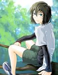  black_hair blue_eyes blush casual child long_sleeves looking_at_viewer male_focus nature shorts sitting smile solo toono_shiki_(2) tree tree_branch tsukihime younger 