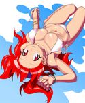  armpits bangs barefoot bikini bracelet breasts bursting_breasts cleavage clenched_hand collarbone covered_nipples dutch_angle from_above gradient gradient_background groin hair_spread_out hinata_natsumi hip_bones jewelry keroro_gunsou large_breasts light_smile long_hair looking_at_viewer lunch_(lunch3) lying navel on_back red_eyes red_hair scrunchie side-tie_bikini skindentation smile solo strap_gap string_bikini swimsuit thigh_gap twintails untying upside-down white_bikini 