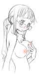  bad_anatomy breast_lift breasts glasses medium_breasts monochrome nipples nude original sakuya_tsuitachi solo spot_color upper_body 