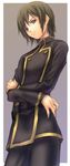  &gt;:) belt belt_buckle black_pants brown_hair buckle closed_mouth code_geass cowboy_shot crossed_arms gradient gradient_background lelouch_lamperouge long_sleeves looking_at_viewer looking_down male_focus pants purple_eyes sabamu smile solo standing uniform v-shaped_eyebrows 