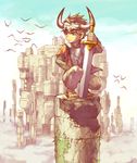  bird castle horns ico ico_(character) male_focus solo squatting sword tabard taiki_miyu weapon wind 