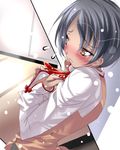  black_hair blush fate/stay_night fate_(series) long_sleeves makidera_kaede red_ribbon ribbon shiranagi shirt short_hair simple_background solo sweater_vest upper_body white_background white_shirt 