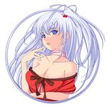  aka_ringo bare_shoulders blue_eyes breasts choker circle cleavage hand_to_own_mouth light_smile long_hair medium_breasts pink_choker shinki side_ponytail silver_hair solo touhou undressing upper_body 