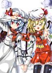  black_legwear blonde_hair blue_hair blush brooch closed_eyes dress flandre_scarlet foreshortening hand_on_forehead hat hat_ribbon holding_hands jewelry long_sleeves looking_at_viewer multiple_girls outstretched_arm outstretched_hand red_eyes remilia_scarlet ribbon scarf shared_ribbon shared_scarf sho_(runatic_moon) short_hair siblings sisters smile snow snowing thighhighs touhou white_hat wings zettai_ryouiki 