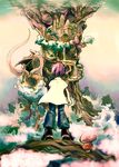  androgynous artist_request building castle cloud copyright_request denim dragon dress fantasy from_behind jeans male_focus mushroom pants purple_hair roots solo standing tower white_dress wind 