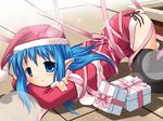  blue_eyes blue_hair christmas christmas_elf elf hat kanna_hisashi long_sleeves original pointy_ears ribbon santa_costume santa_hat solo thighhighs 