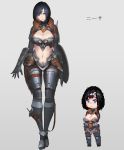  1girl black_hair breastplate breasts cleavage dagger elbow_gloves faulds full_body gloves gorget greaves grey_background highres large_breasts light_smile midriff navel neisa_(pandea_work) original pandea_work pixel_art sheath sheathed shield short_hair solo stomach vambraces weapon wide_hips yellow_eyes 