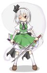  ;&lt; ascot bandages bandaid bandaid_on_face bloomers blush cappccino dual_wielding full_body hitodama holding holding_sword holding_weapon katana kneehighs konpaku_youmu konpaku_youmu_(ghost) legs_apart one_eye_closed ribbon-trimmed_bloomers serious short_hair solo standing sword touhou underwear v-shaped_eyebrows weapon white_bloomers white_legwear 