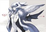  angel_wings bat_wings breasts cape demon_girl demon_wings fantasy fur helmet horns jewelry long_hair medium_breasts monochrome nagi_ryou navel necklace s.e.c_02_monochrome_edition solo underboob wings 