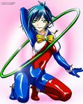  allenby_beardsley artist_request blue_bodysuit blue_hair bodysuit bow breasts g_gundam green_eyes gundam high_heels hoop jpeg_artifacts large_breasts legs mobile_trace_suit multicolored multicolored_bodysuit multicolored_clothes red_bodysuit shoes short_hair solo thighs yellow_bow 
