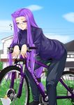  bicycle cat fate/stay_night fate_(series) glasses ground_vehicle long_hair long_sleeves low-tied_long_hair maho_(yakimorokoshi) purple_eyes purple_hair rider solo very_long_hair 