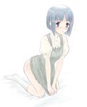  blue_eyes blue_hair dress dress_tug full_body green_dress kneeling looking_at_viewer no_panties puffy_short_sleeves puffy_sleeves shirt short_hair short_sleeves simple_background solo strawberry_panic! takahashi_mugi tsukidate_chiyo white_background white_legwear white_shirt 