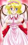 alice_margatroid bat_wings blonde_hair blue_eyes bow buttons cosplay eyebrows_visible_through_hair flx flying_sweatdrops frilled_hairband frilled_shirt_collar frills hairband handband open_mouth pink_hairband pink_shirt pink_skirt puffy_short_sleeves puffy_sleeves red_bow red_ribbon remilia_scarlet remilia_scarlet_(cosplay) ribbon ribbon-trimmed_shirt sash shirt short_hair short_sleeves skirt solo tareme touhou wings 