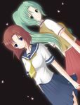  artist_request back-to-back black_background blue_eyes blue_skirt brown_hair cowboy_shot dutch_angle green_eyes green_hair higurashi_no_naku_koro_ni looking_at_viewer looking_back multiple_girls neckerchief pleated_skirt ponytail red_skirt ryuuguu_rena sailor_collar school_uniform serafuku shirt short_hair short_sleeves simple_background skirt sonozaki_mion standing white_shirt yellow_neckwear 