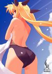 ass back blonde_hair casual_one-piece_swimsuit cloud condensation_trail day fate_testarossa himukai_kyousuke long_hair looking_back lyrical_nanoha mahou_shoujo_lyrical_nanoha one-piece_swimsuit sky solo swimsuit towel twintails 
