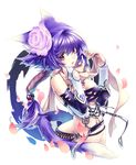  animal_ears belt bottomless breasts cat_ears cherry_blossoms cleavage elbow_gloves flower gloves hair_flower hair_ornament hirano_katsuyuki jewelry large_breasts midriff necklace original petals pink_eyes ponytail purple_hair rose scarf solo tail 