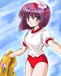  alternate_costume buruma flower flx gym_uniform hair_flower hair_ornament hieda_no_akyuu lowres oekaki purple_hair solo touhou 