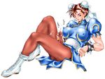  blush bracelet breasts brown_eyes brown_hair bun_cover china_dress chinese_clothes chun-li covered_nipples cum double_bun dress dusty_heaven futanari jewelry jj large_breasts pantyhose pelvic_curtain penis sash solo spiked_bracelet spikes street_fighter uncensored 