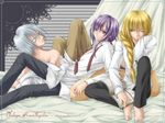  aleph_coulson bed book dress_shirt izumi_yura long_sleeves lou_simons lucid_atray male_focus multiple_boys necktie non-web_source one_eye_closed open_clothes open_shirt school_uniform shirt yuukyuu_gensoukyoku 