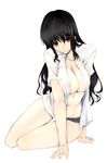  akahoshi_kenji arm_support black_hair black_panties bottomless breasts lace lace-trimmed_panties large_breasts long_hair open_clothes open_shirt original panties red_eyes see-through shirt sitting solo thigh_gap underwear yokozuwari 