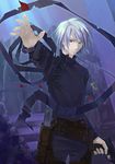  blue_hair chaps gun handgun heterochromia kuga_tsukasa long_sleeves male_focus original outstretched_arm petals pistol solo weapon 