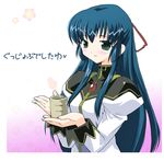  blue_hair blush cup galaxy_angel green_tea half_updo karasuma_chitose long_hair long_sleeves non-web_source ribbon solo tea 
