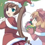  :d :o blonde_hair bow box brown_hair capelet christmas fur_trim gift gift_box green_eyes hamamo hat hina_ichigo long_sleeves looking_back lowres multiple_girls open_mouth pink_bow pleated_skirt profile red_eyes red_skirt rozen_maiden santa_costume santa_hat skirt smile suiseiseki surprised sweatdrop underwear 