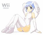  blue_eyes blue_hair blush boots elbow_gloves fingerless_gloves game_console gloves heika_(heikahp) nintendo personification product_girl shoes solo thighhighs thighs white_legwear wii wii-tan 
