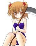  alternate_eye_color alternate_hair_color blue_swimsuit eyebrows_visible_through_hair hair_bobbles hair_ornament kazami_ruku one-piece_swimsuit onozuka_komachi orange_eyes orange_hair scythe short_hair sitting solo swimsuit touhou two_side_up 