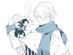  blush brown_hair chibi cloak closed_eyes cyrus_(octopath_traveler) gloves hair_over_one_eye jewelry long_hair male_focus monochrome multiple_boys oboro_keisuke octopath_traveler open_mouth scarf short_hair simple_background smile therion_(octopath_traveler) white_hair 