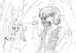  artist_request ascot blush bow character_request closed_eyes greyscale guitar hat hat_bow instrument kazami_yuuka leaf long_hair long_sleeves monochrome multiple_girls music plaid plaid_vest short_hair singing smile touhou tree vest 