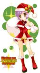  artist_request blush boots bow bow_panties brown_eyes capelet christmas copyright_request hat holly long_sleeves no_pants panties purple_hair red_capelet red_panties sack santa_boots santa_costume santa_hat short_hair smile solo sparkle standing underwear 
