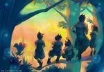 3boys animal_ears copyright_request elda_the forest multiple_boys multiple_girls nature sunset tree 