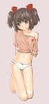  aka_ribbon arms_behind_back bottomless bow bow_panties brown_eyes brown_hair grin kneeling navel no_pants panties ray_(manga) red_ribbon ribbon shirt shirt_slip short_hair short_twintails smile solo thigh_gap twintails underwear white_panties yoshitomi_akihito 