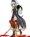  blonde_hair blood blood_on_face dress guro long_hair long_sleeves osakana_(denpa_yun'yun) red_eyes rozen_maiden severed_head shinku silver_hair solo suigintou sword tongue weapon wings 