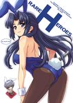  animal_ears asakura_ryouko ass back back-seamed_legwear backless_outfit bare_shoulders blue_eyes blue_hair brown_legwear bunny_ears bunny_tail bunnysuit combat_knife cover cup doujinshi grey_eyes grey_hair hagiya_masakage hairband half_updo hand_on_own_knee holding holding_knife kneeling knife leaning_forward long_hair looking_back multiple_girls nagato_yuki pantyhose seamed_legwear short_hair smile suzumiya_haruhi_no_yuuutsu tail very_long_hair weapon wrist_cuffs 