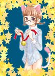  akizuki_ritsuko animal_ears blush bottomless braid brown_eyes brown_hair cat_ears cat_tail glasses idolmaster idolmaster_(classic) idolmaster_1 kawaizumi_pome solo star tail twin_braids 