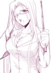  breasts fate/stay_night fate_(series) fue_(rhomphair) glasses large_breasts long_hair long_sleeves monochrome pointer purple rider solo teacher 