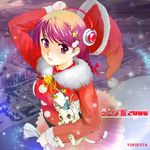  2006 artist_name bell braid cat christmas copyright_request earmuffs hair_ornament hat long_sleeves purple_eyes purple_hair santa_costume santa_hat solo sparkle star star_hair_ornament winter yurikuta_tsukumi 