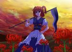  cloud collarbone evening flower frills hair_bobbles hair_ornament hand_on_hip onozuka_komachi over_shoulder red_eyes red_hair scythe short_sleeves sky solo spider_lily touhou tsuyadashi_shuuji two_side_up weapon weapon_over_shoulder 