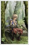  belt boots brown_hair copyright_request fantasy flute forest instrument leaf male_focus nature outdoors redviolet2 scarf solo wind 