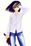  black_hair closed_umbrella denim glasses hand_on_forehead jeans katou_kei long_sleeves maria-sama_ga_miteru pants simple_background solo umbrella white_background yurikawa 