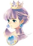  1girl blue_eyes braid crown earrings gold_crown gradriel jewelry kawata_hisashi pointed_crown portrait princess_crown purple_hair simple_background solo turtleneck white_background 