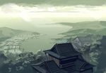  cloud east_asian_architecture field fog house landscape light nature no_humans ocean original river rooftop scenery seo_tatsuya sky tree village 