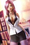  bracelet breasts business_suit covered_nipples earrings formal highres ijichi_miho jewelry large_breasts lipstick long_hair makeup mature miniskirt nakamura_nishiki necklace no_bra open_clothes open_shirt pantyhose pencil_skirt pink_hair purple_eyes purple_legwear shirt skirt sleeveless sleeveless_shirt smile sodom_no_shima solo suit tattoo 